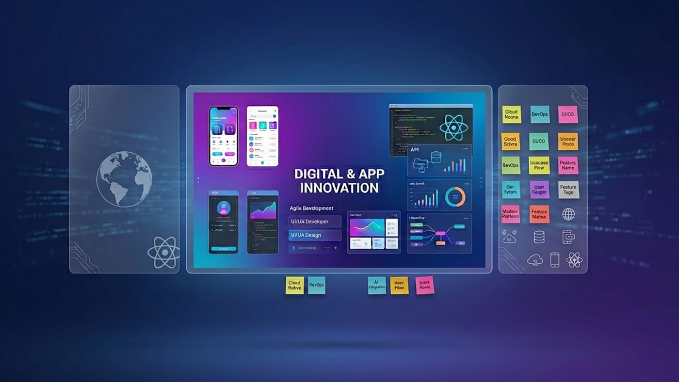 Mobile app screens, code and delivery boards arranged on a display