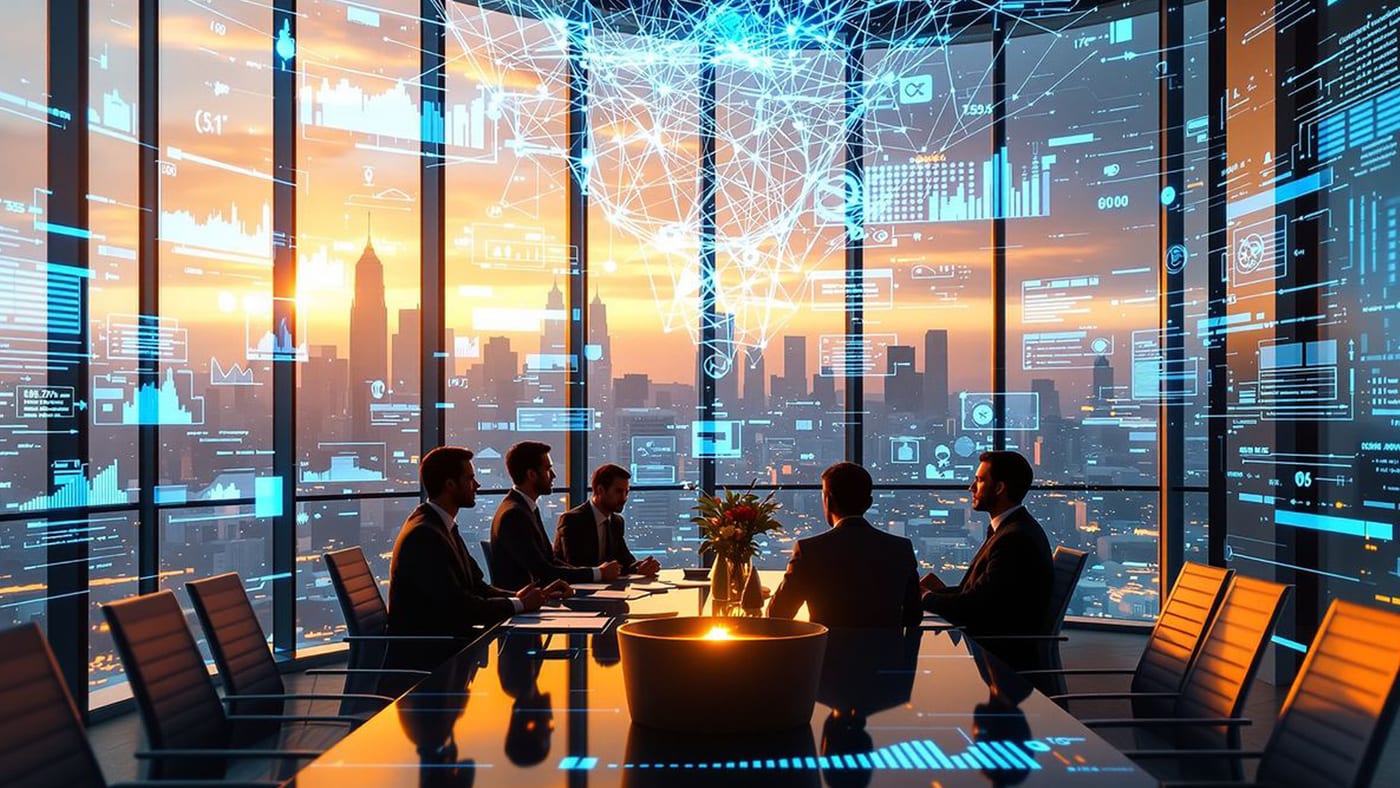 Colleagues meeting around a boardroom table with collaboration data displayed around them